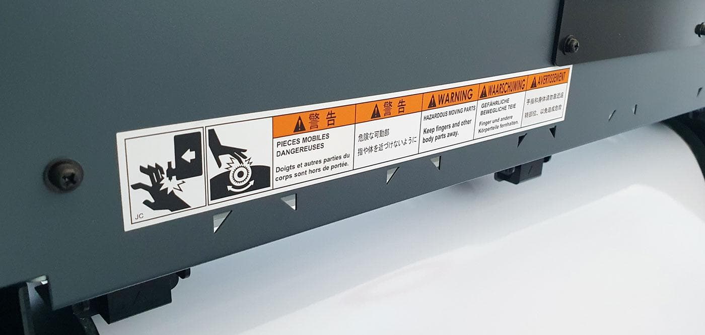 Warning label for industrial machinery